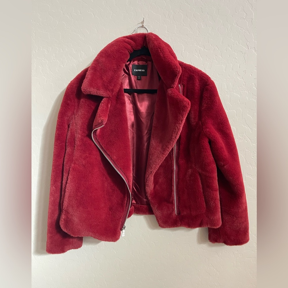 Express Women's Vibrant Red Faux Fur Jacket